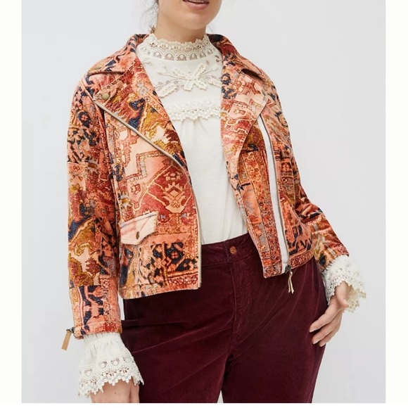 Anthropologie Tapestry Cropped Velvet Moto Jacket - Picture 2 of 12